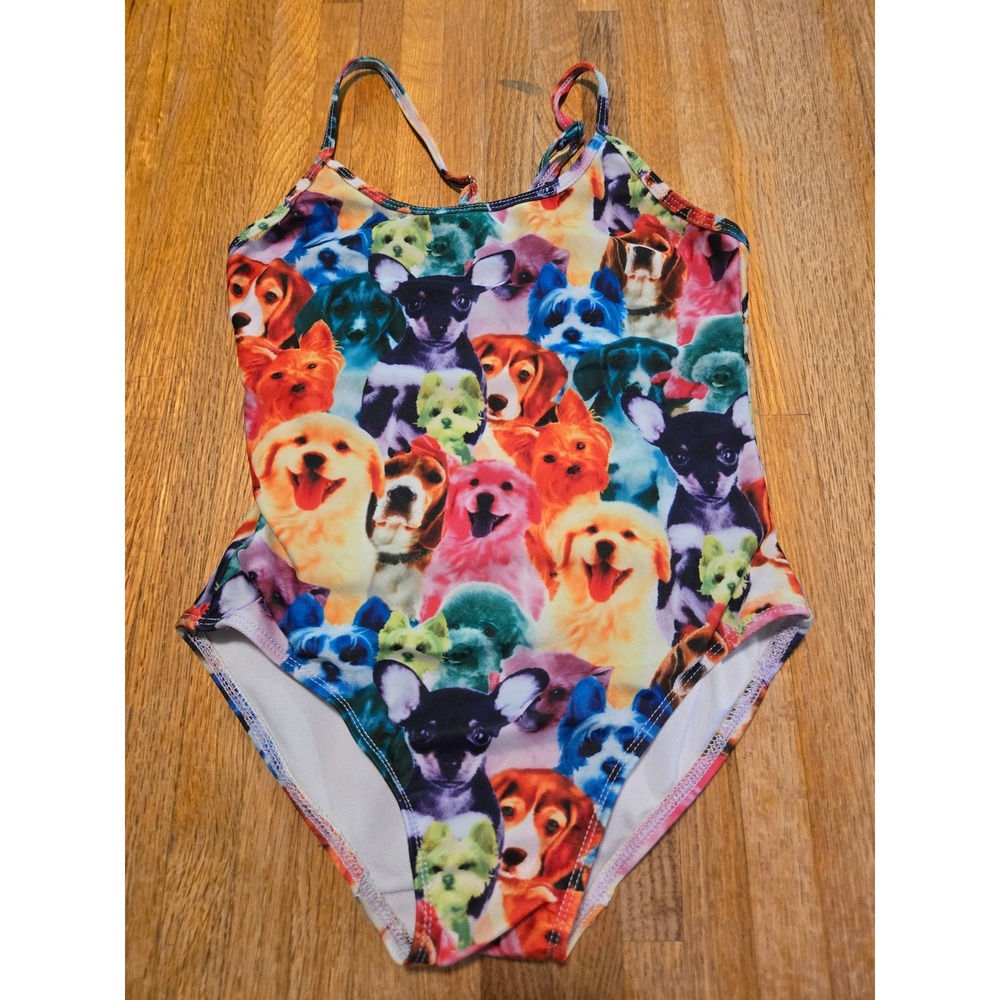 Girl Sz 130 (8) Multicolor Puppy Dog Print Graphic One Piece Bathing Swimsuit